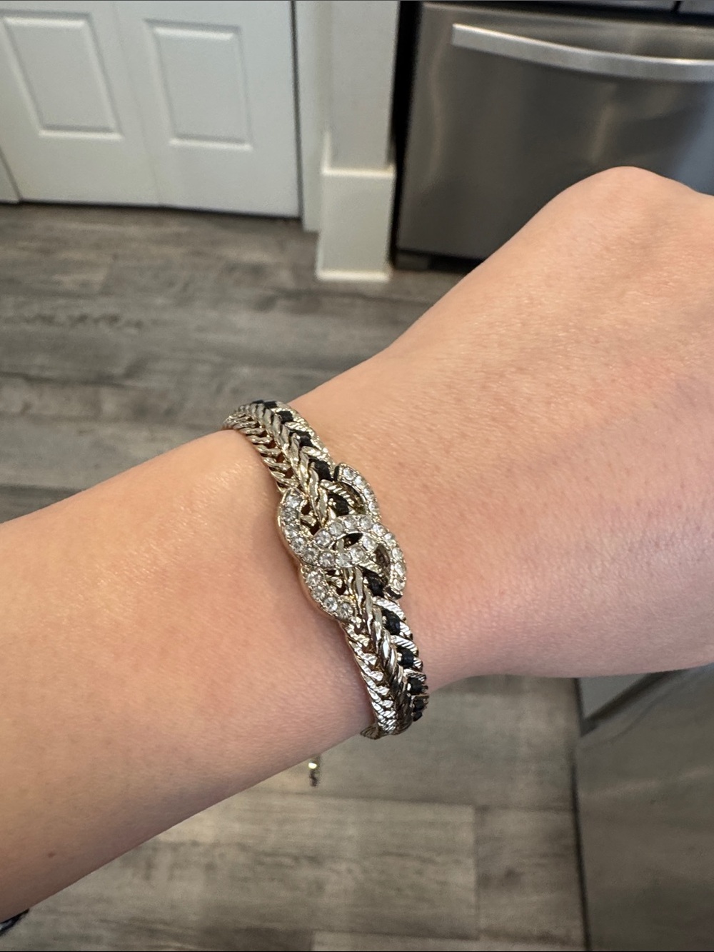 Black Leather Chunky Chain Bracelet Beige Gold Tone